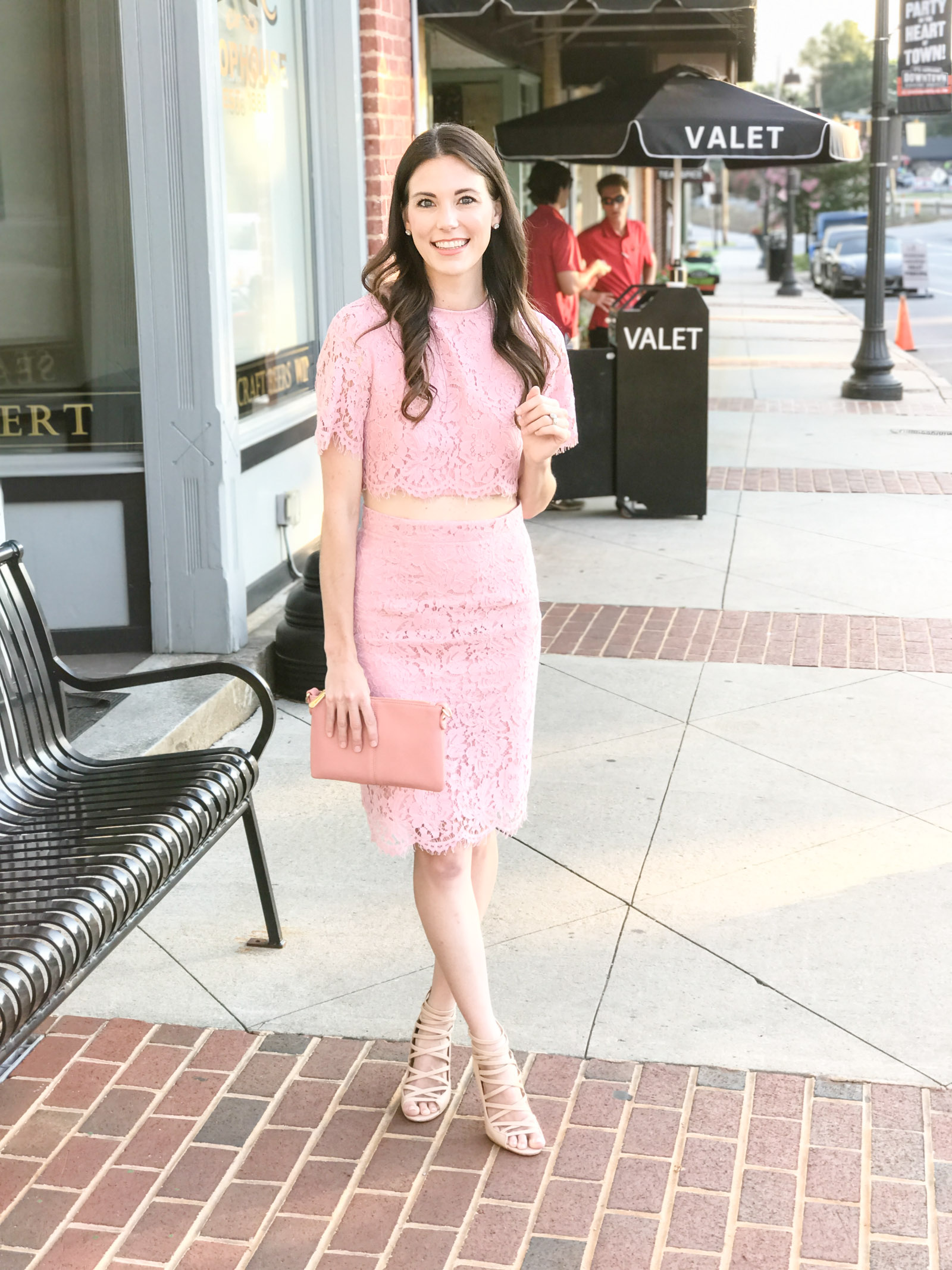 pink blush lace body con crop top dress skirt nude heels | every day joie by elle bowes